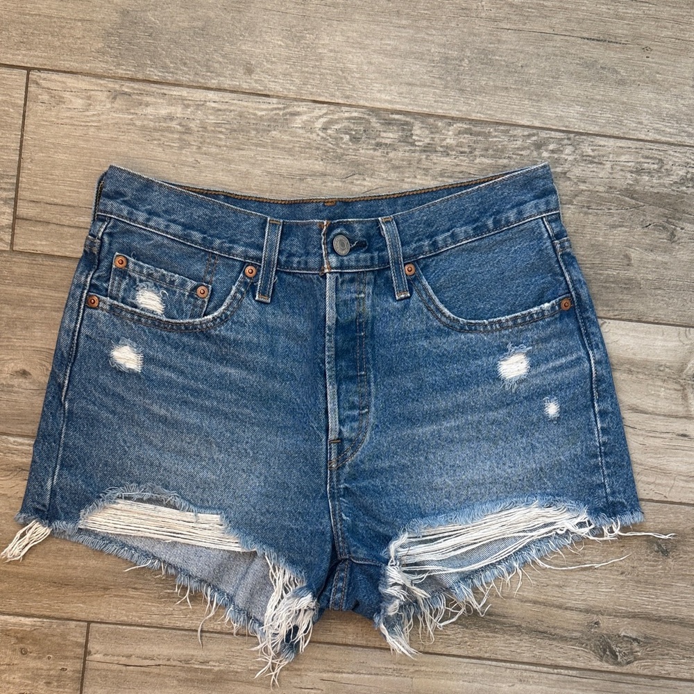Levi's Distressed Frayed Hem Denim Shorts - Blue